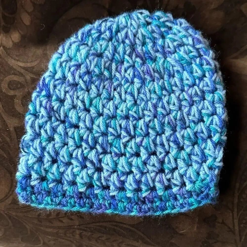 handmade hat multi color crochet blue purple turquoise kid acrylic